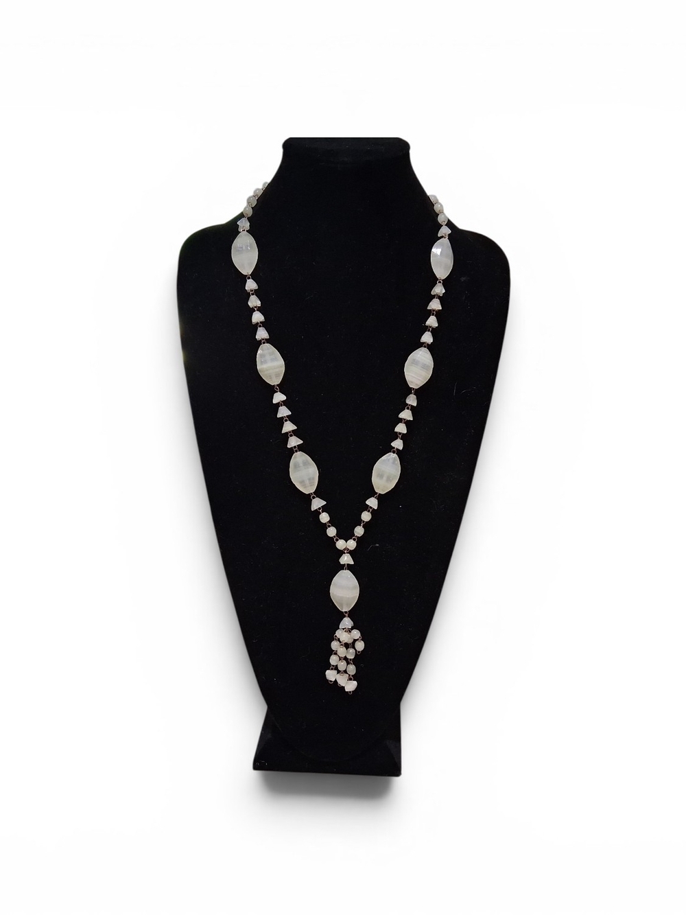 Banded Onyx Stone Long Statement Necklace White Green Beaded Tassel Vintage